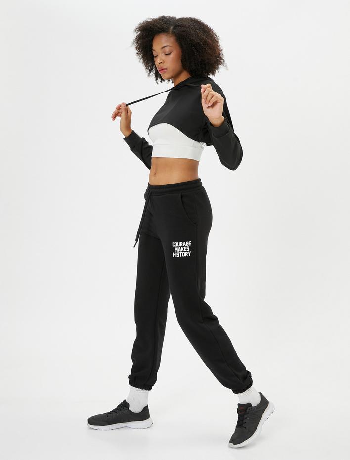  Şardonlu Jogger Eşofman Altı Baskı Detaylı Yüksek Bel Bağlamalı Cepli Rahat Kalıp