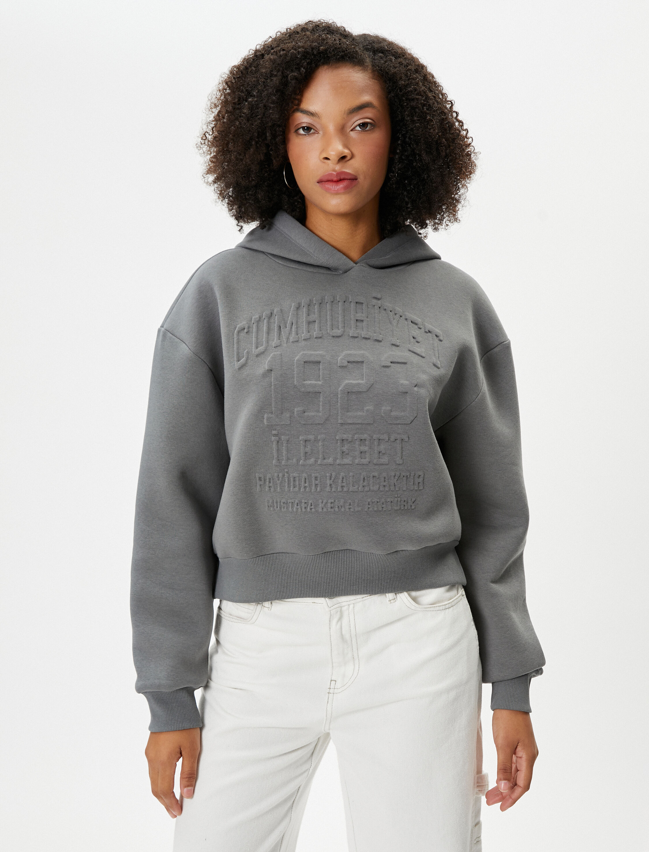   Şardonlu Cumhuriyet Sweatshirt Crop Kapüşonlu Kabartma Baskılı Rahat Kalıp 100. Yıl Özel