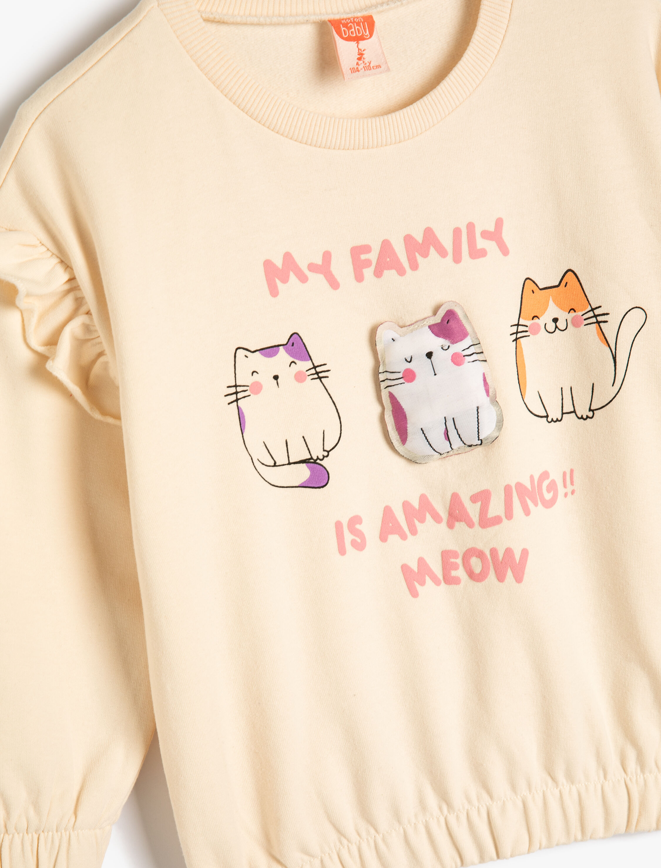  Kız Bebek Sweatshirt Uzun Kollu Bisiklet Yaka Aplike Detaylı Fırfırlı Pamuklu Şardonlu