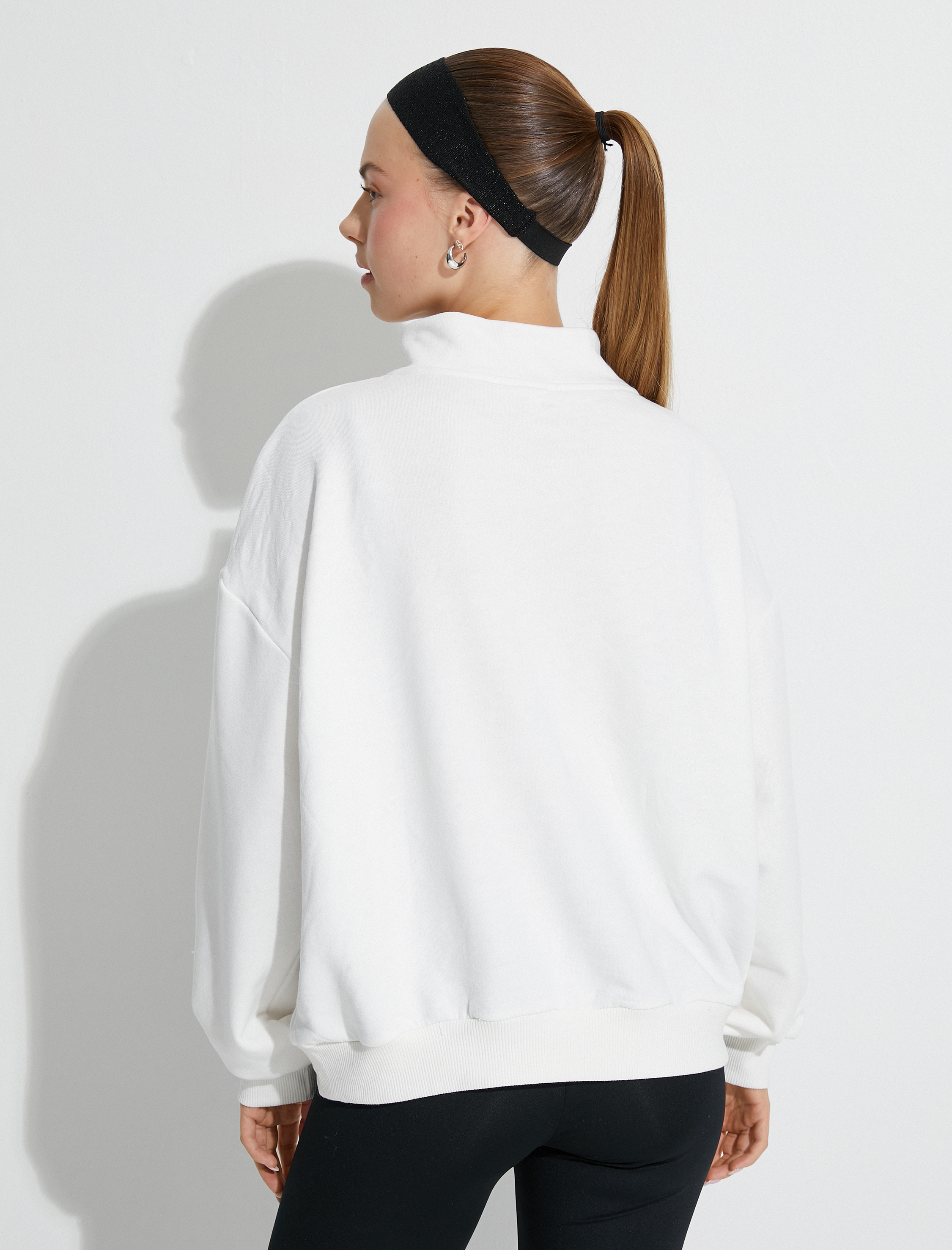   Şardonlu Spor Sweatshirt Yarım Fermuarlı Slogan Baskılı Oversize