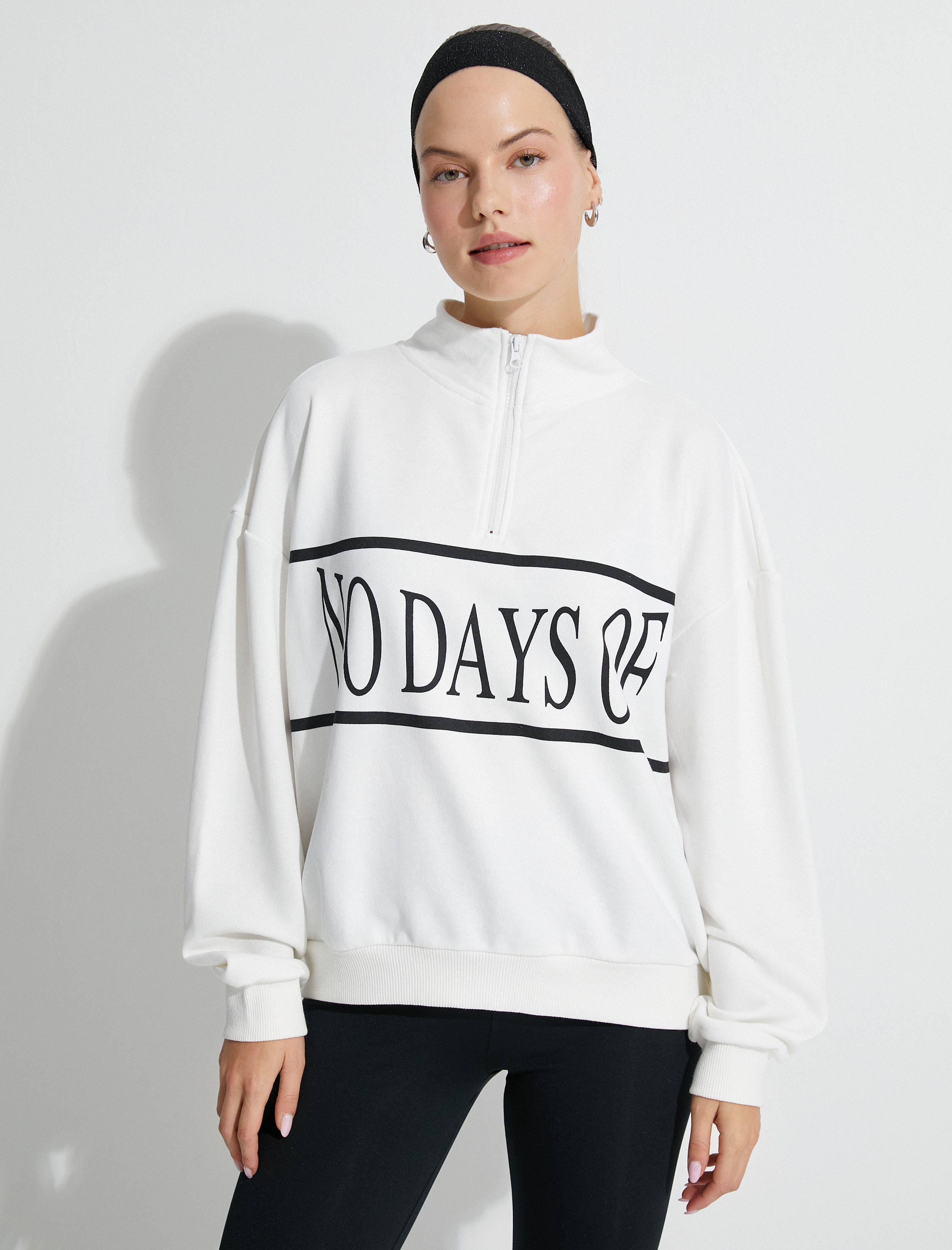   Şardonlu Spor Sweatshirt Yarım Fermuarlı Slogan Baskılı Oversize