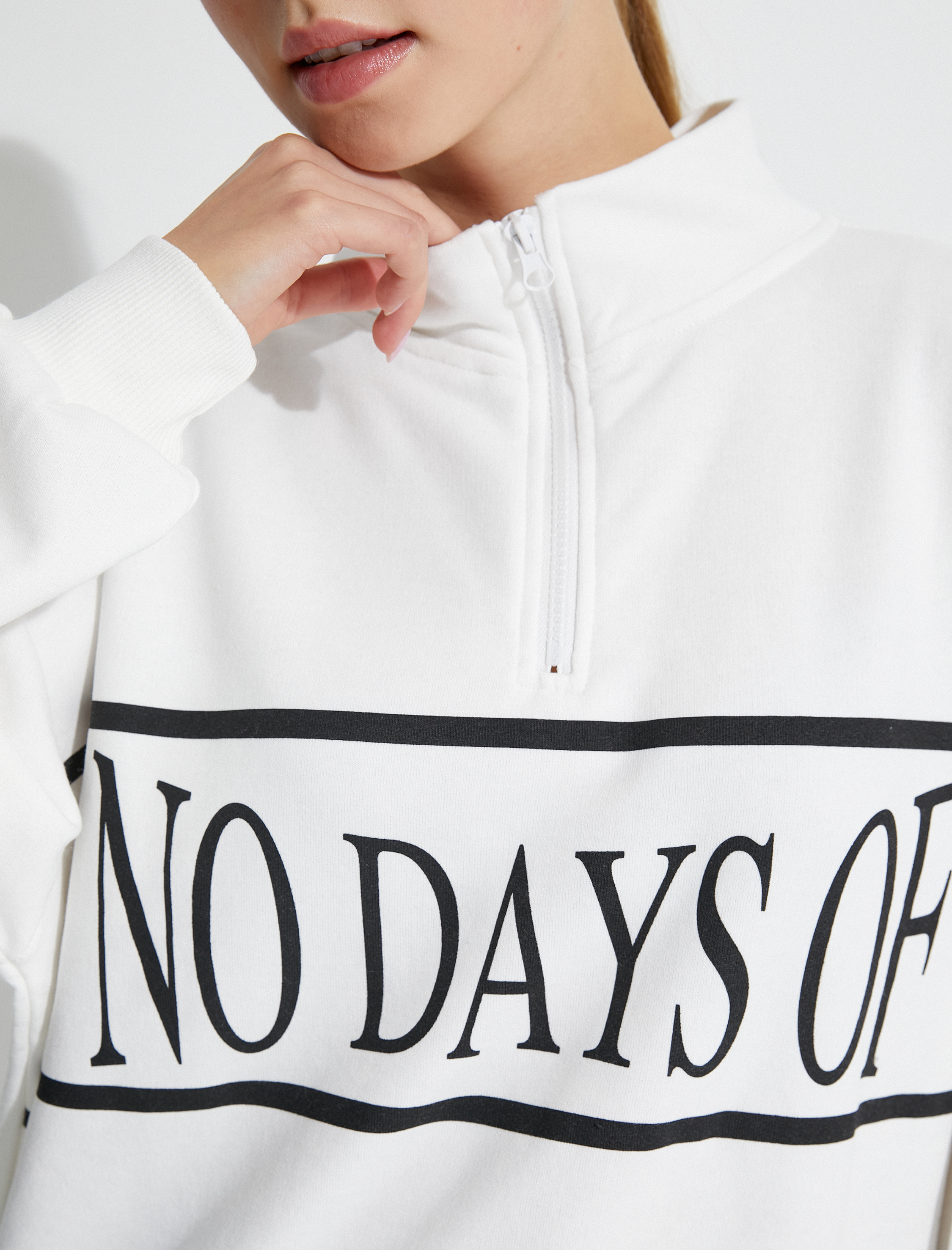   Şardonlu Spor Sweatshirt Yarım Fermuarlı Slogan Baskılı Oversize