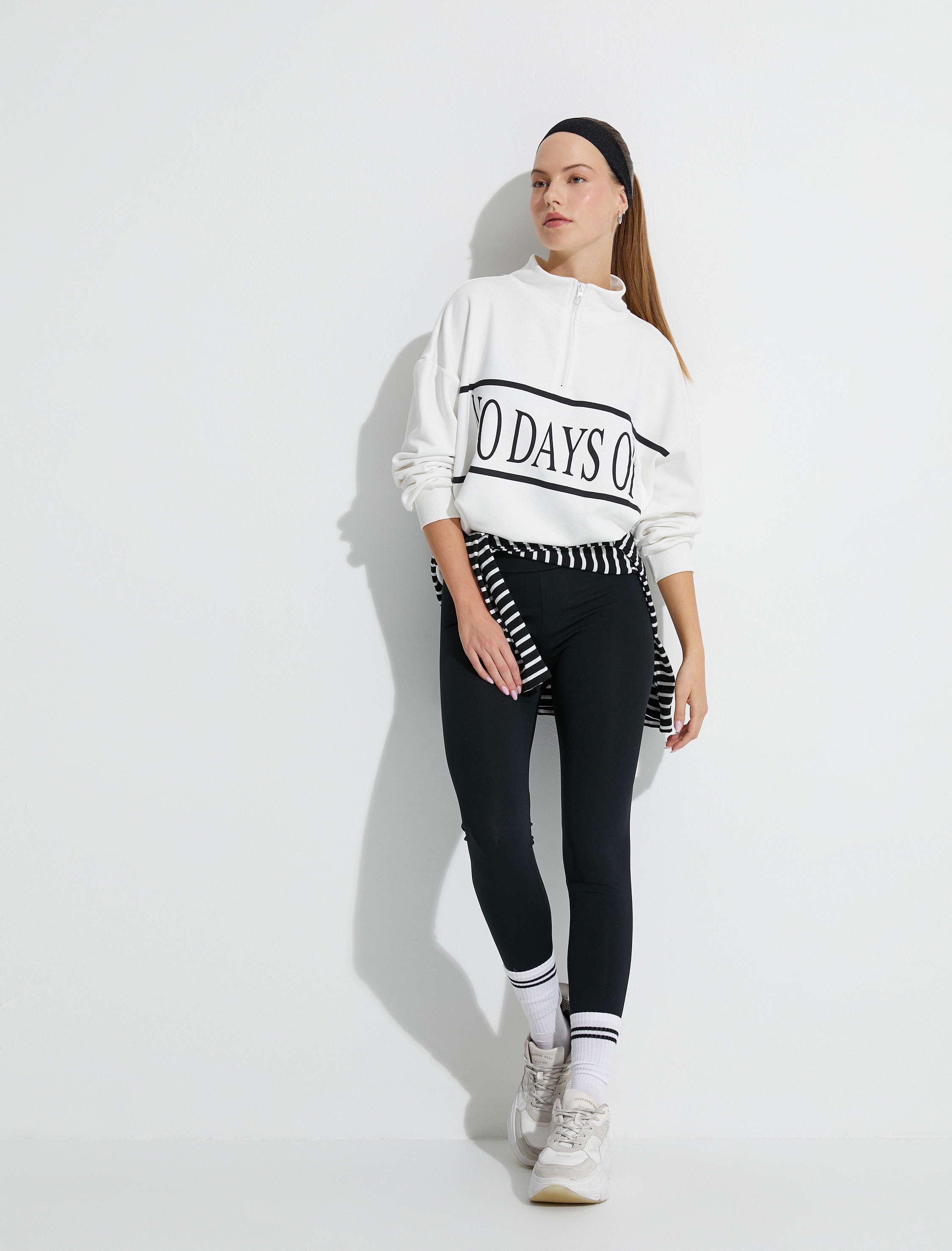   Şardonlu Spor Sweatshirt Yarım Fermuarlı Slogan Baskılı Oversize