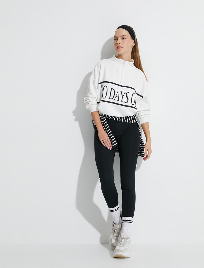  Şardonlu Spor Sweatshirt Yarım Fermuarlı Slogan Baskılı Oversize