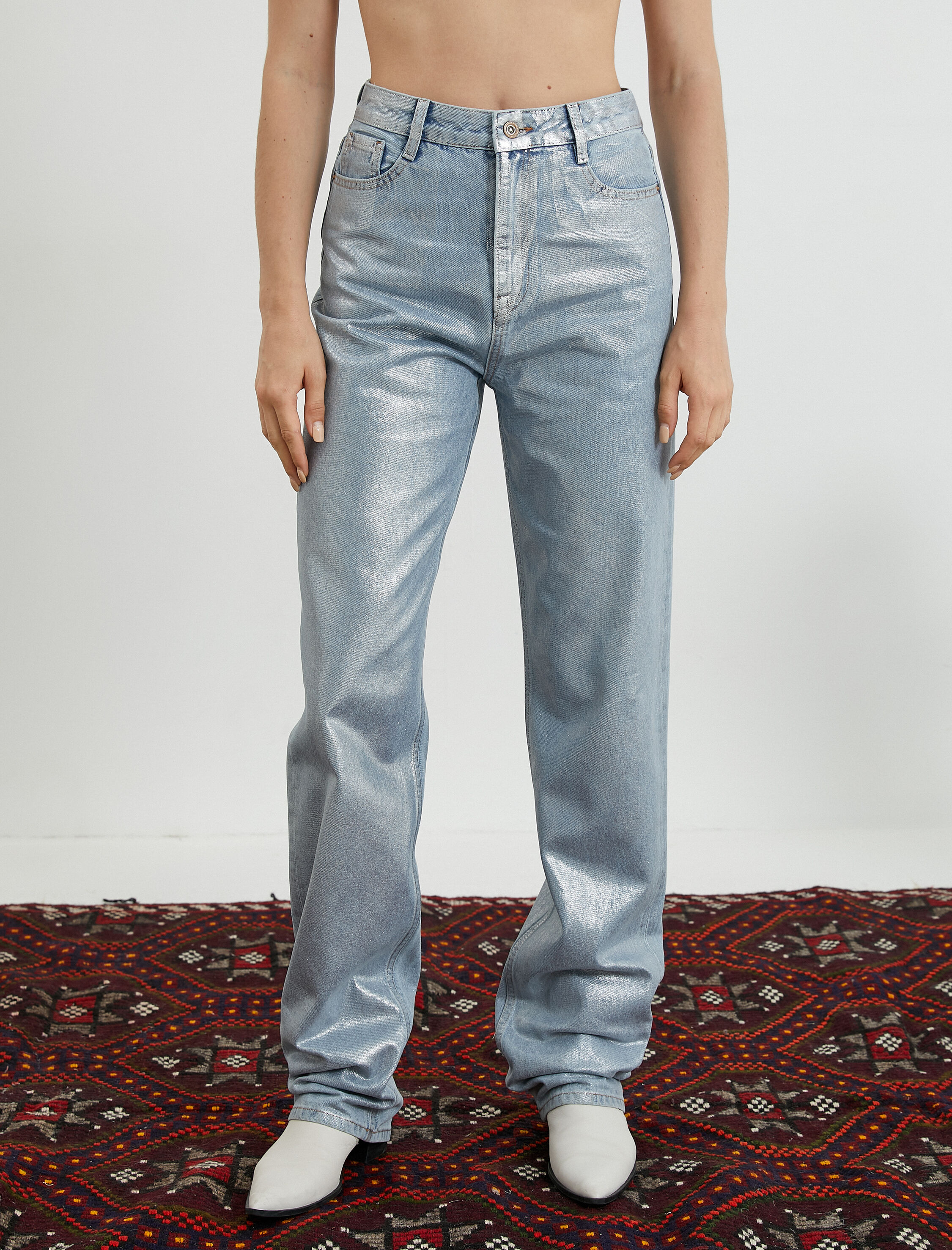   Metalik Parlak Straight Jean Kot Pantolon Yüksek Bel Düz Paça - Eve Jean