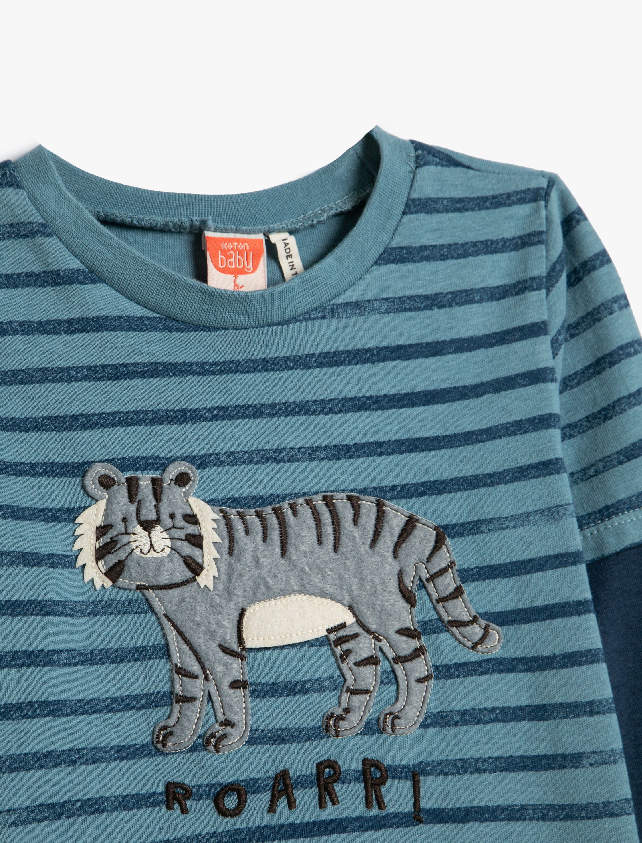  Erkek Bebek Tişört Kaplan Aplike Detaylı Bisiklet Yaka Uzun Kollu Pamuklu