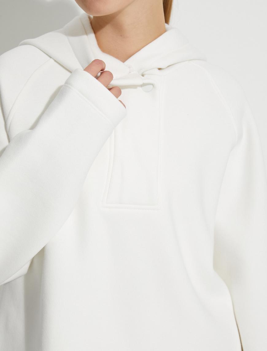   Şardonlu Kapüşonlu Basic Sweatshirt Yarım Fermuarlı Düğme Detaylı
