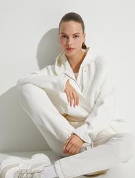 Şardonlu Kapüşonlu Basic Sweatshirt Yarım Fermuarlı Düğme Detaylı