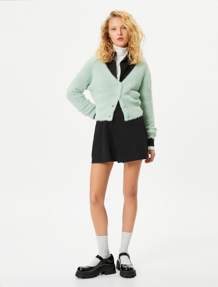  Peluş Triko Crop Hırka Uzun Kollu Düğmeli V Yaka