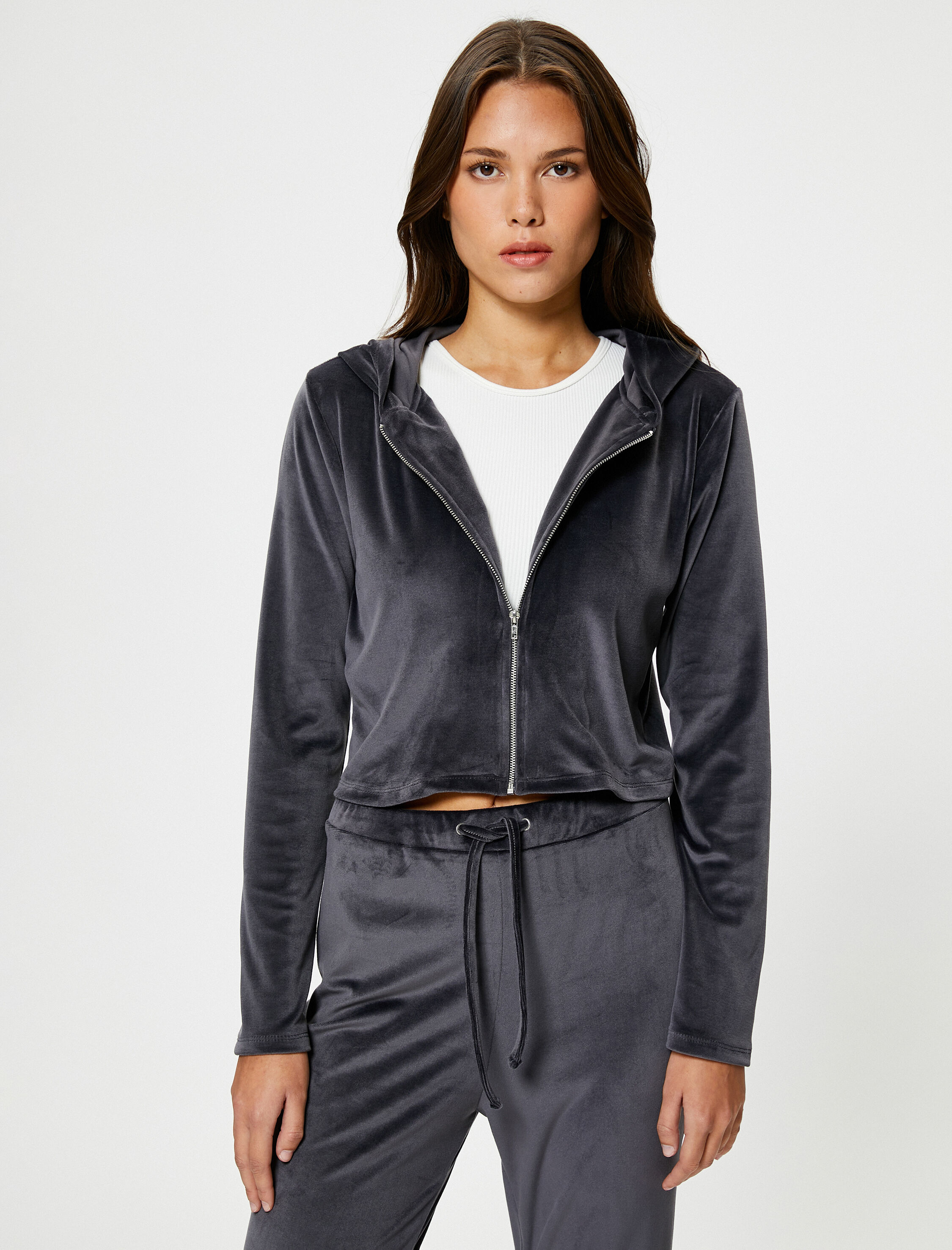   Kadife Pijama Üstü Crop Fermuarlı Kapüşonlu