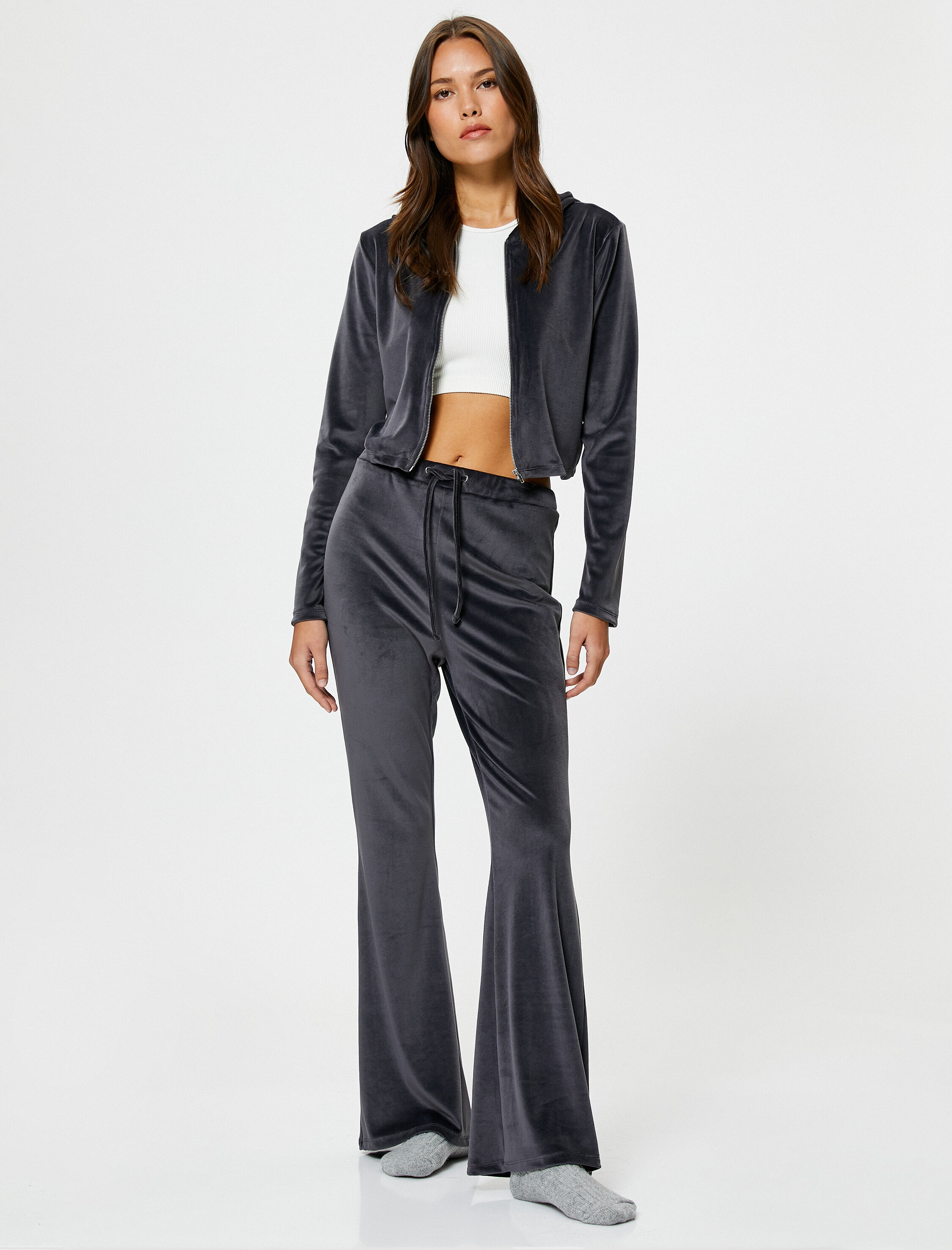   Kadife Pijama Üstü Crop Fermuarlı Kapüşonlu