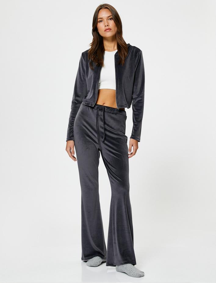  Kadife Pijama Üstü Crop Fermuarlı Kapüşonlu
