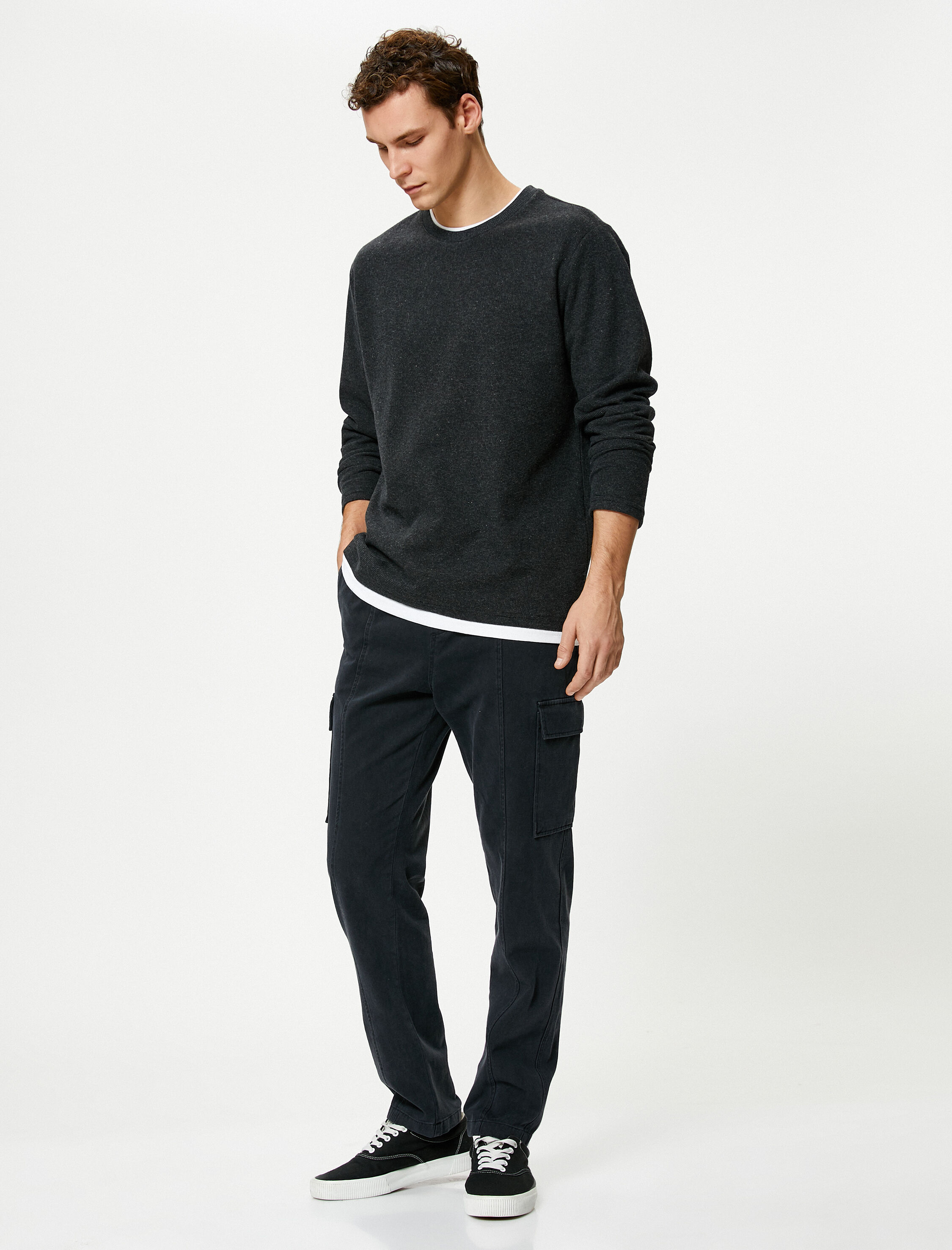   Basic Kazak Kumaş Detaylı Slim Fit Bisiklet Yaka