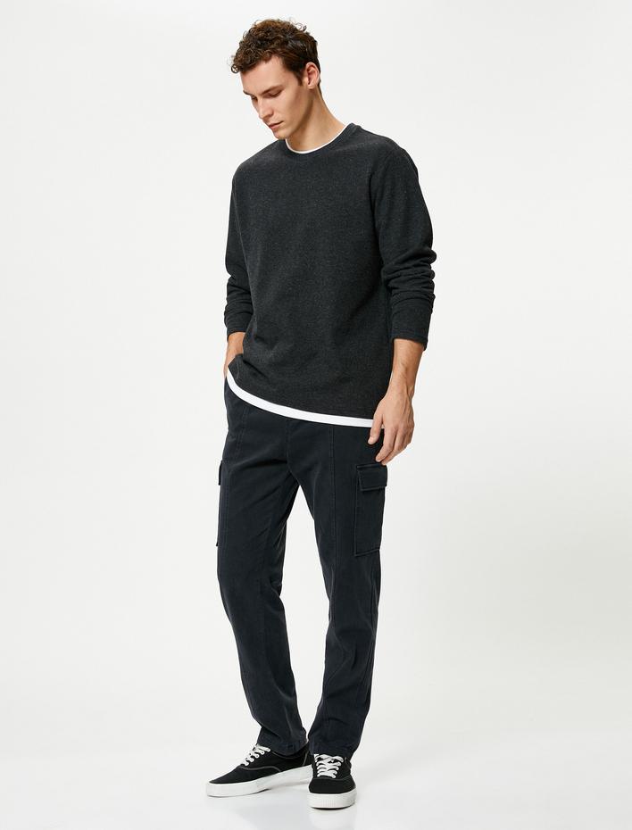  Basic Kazak Kumaş Detaylı Slim Fit Bisiklet Yaka