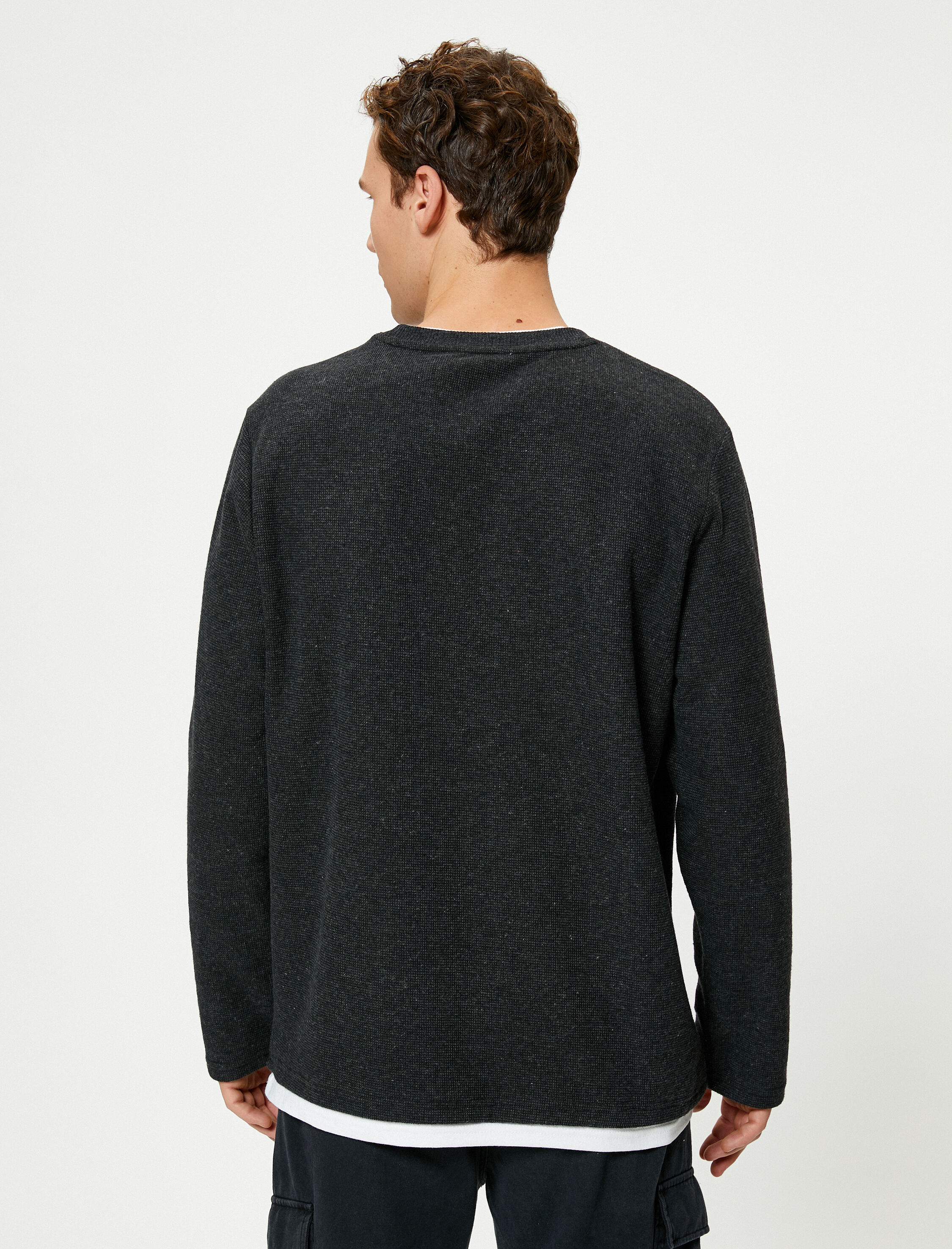   Basic Kazak Kumaş Detaylı Slim Fit Bisiklet Yaka