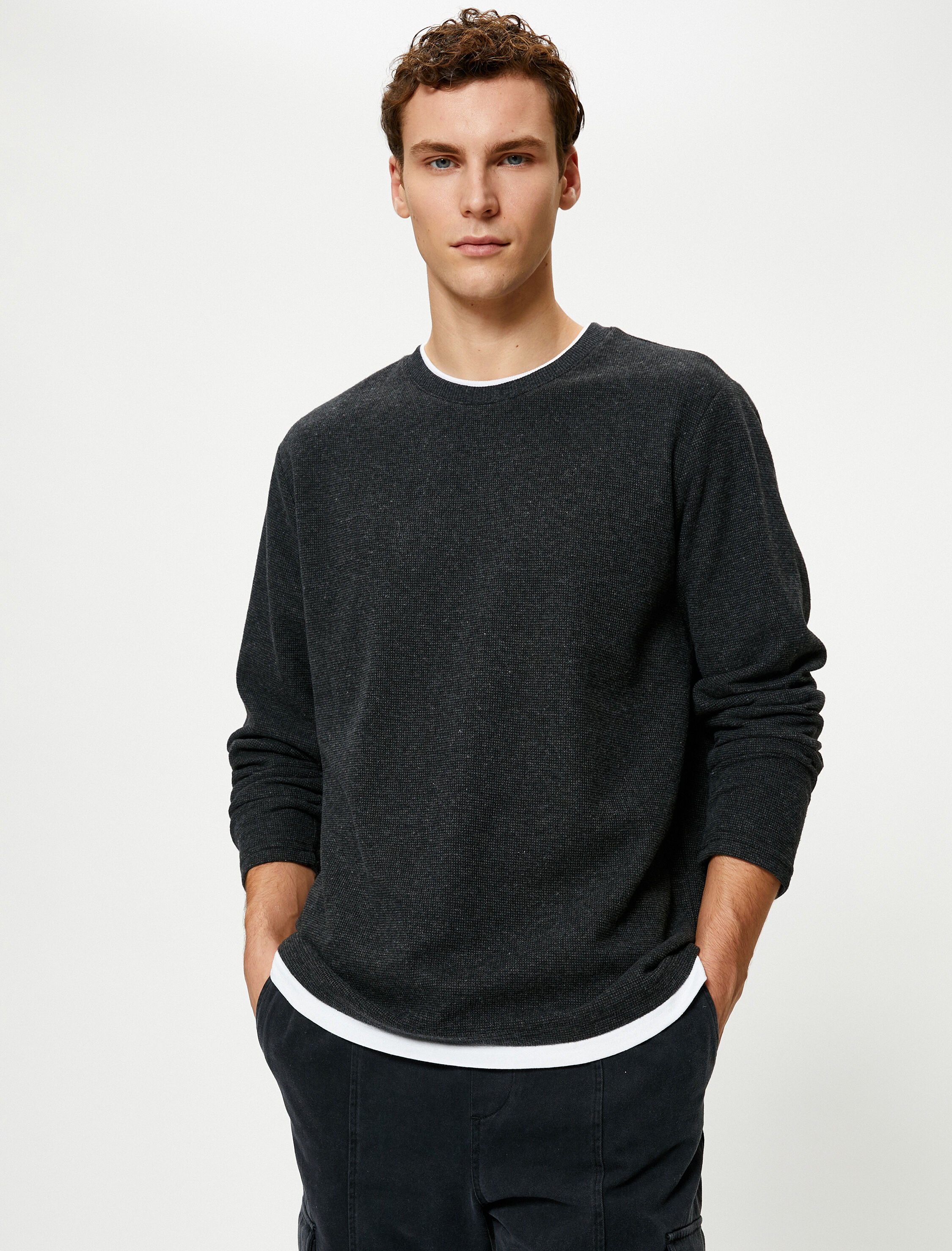   Basic Kazak Kumaş Detaylı Slim Fit Bisiklet Yaka