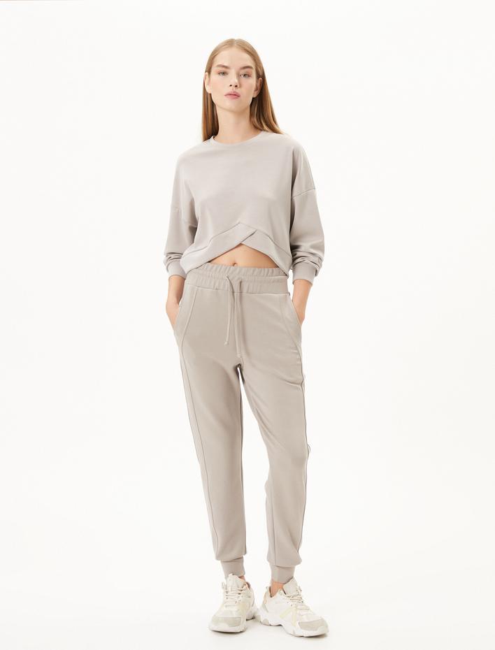  Asimetrik Kesim Crop Oversize Yoga Sweatshirt Uzun Kollu Bisiklet Yaka Modal Kumaş