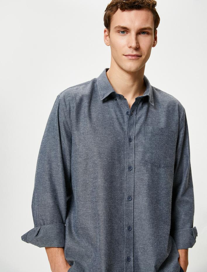  Uzun Kollu Gömlek Dokuma Cep Detaylı Klasik Yaka Düğmeli