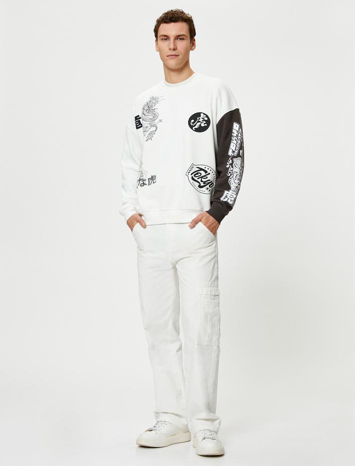  Uzakdoğu Baskılı Sweatshirt Bisiklet Yaka Rahat Kesim Şardonlu