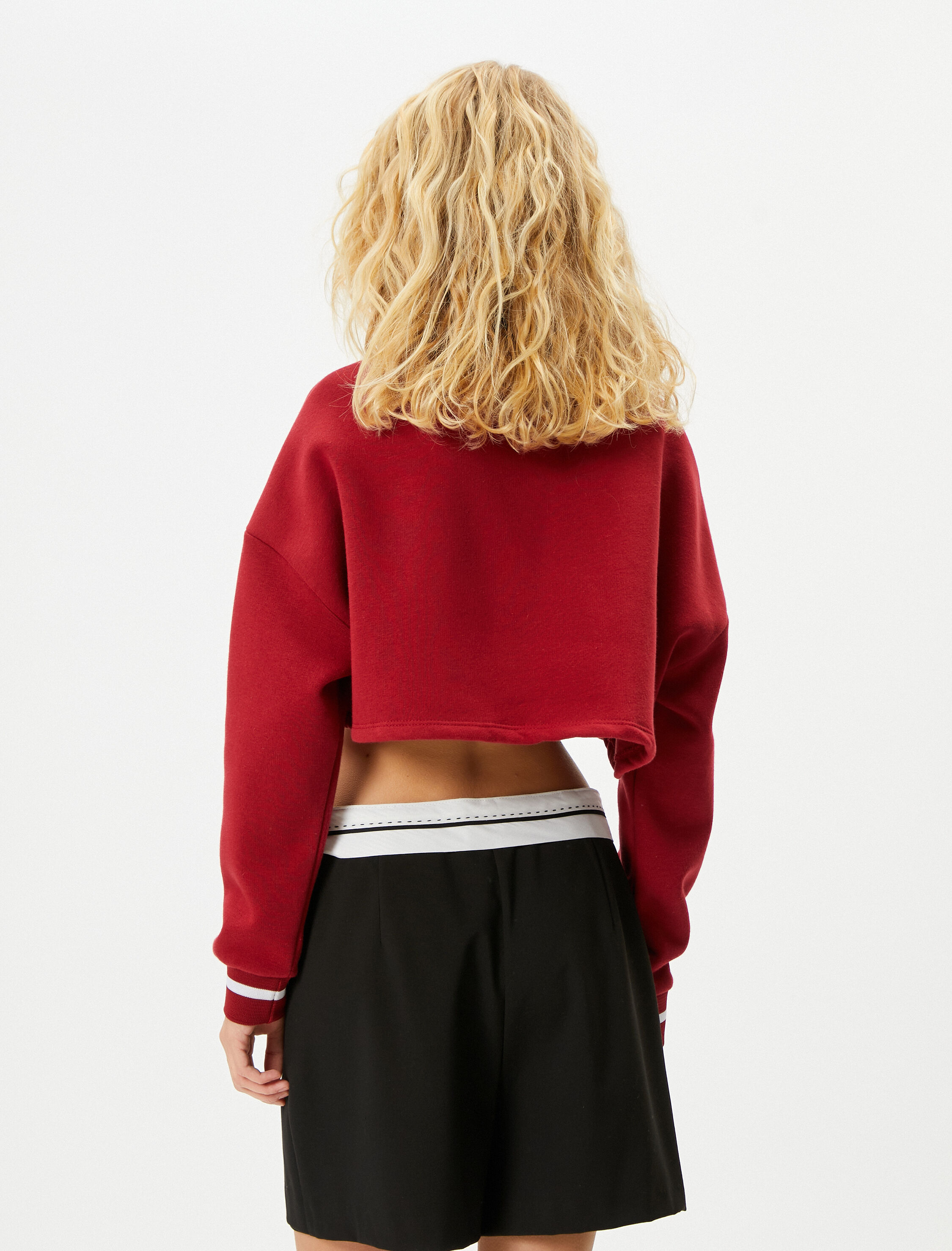   Şardonlu Baskılı Crop Sweatshirt Uzun Kollu Bisiklet Yaka Pamuklu