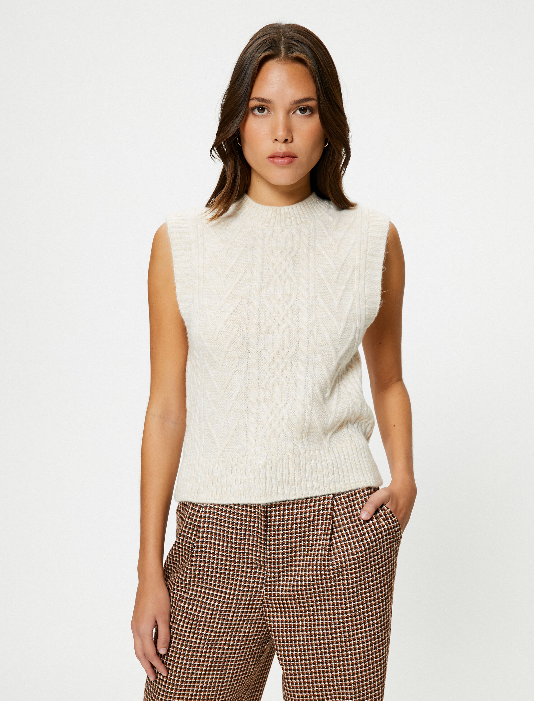   Dik Yaka Süveter Saç Örgüsü Motifli