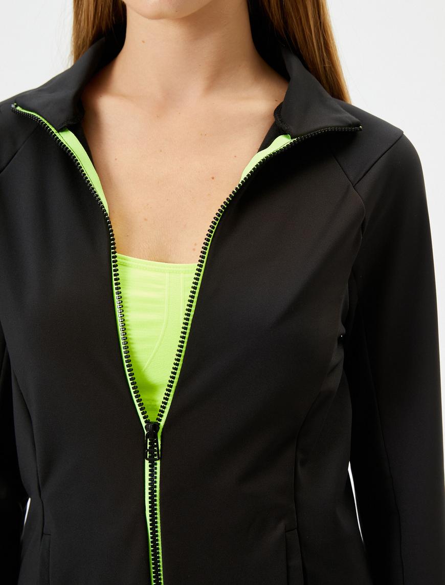   Spor Fermuarlı Sweatshirt Dik Yaka Uzun Kollu Cepli