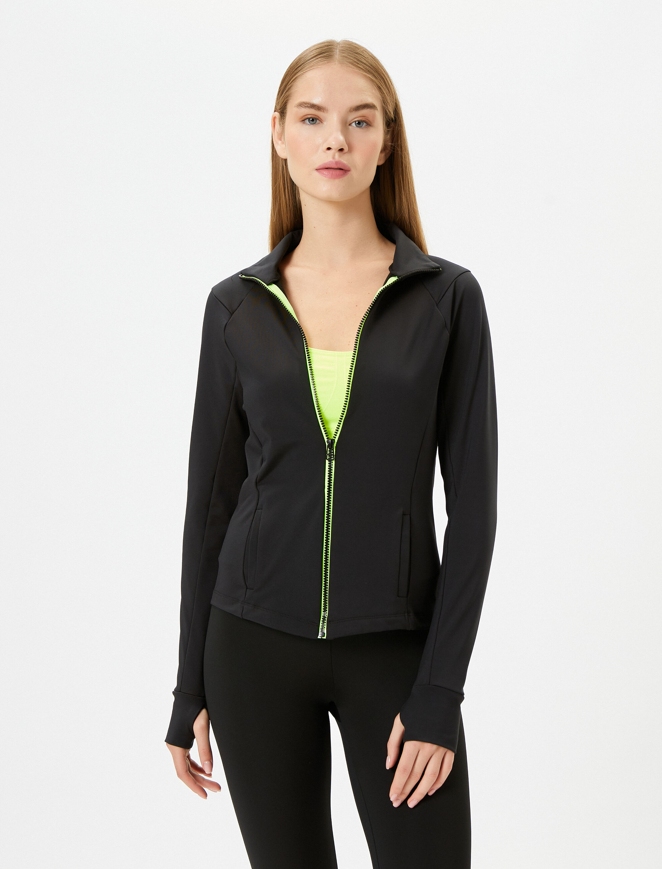   Spor Fermuarlı Sweatshirt Dik Yaka Uzun Kollu Cepli