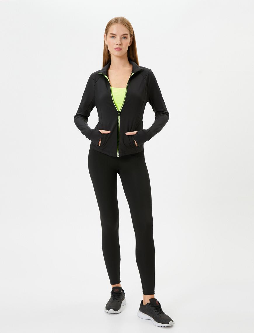   Spor Fermuarlı Sweatshirt Dik Yaka Uzun Kollu Cepli