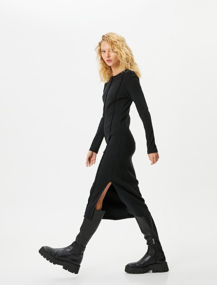  Midi Kalem Elbise Yırtmaç Detaylı Uzun Kollu Bisiklet Yaka Nervürlü Kaşkorse