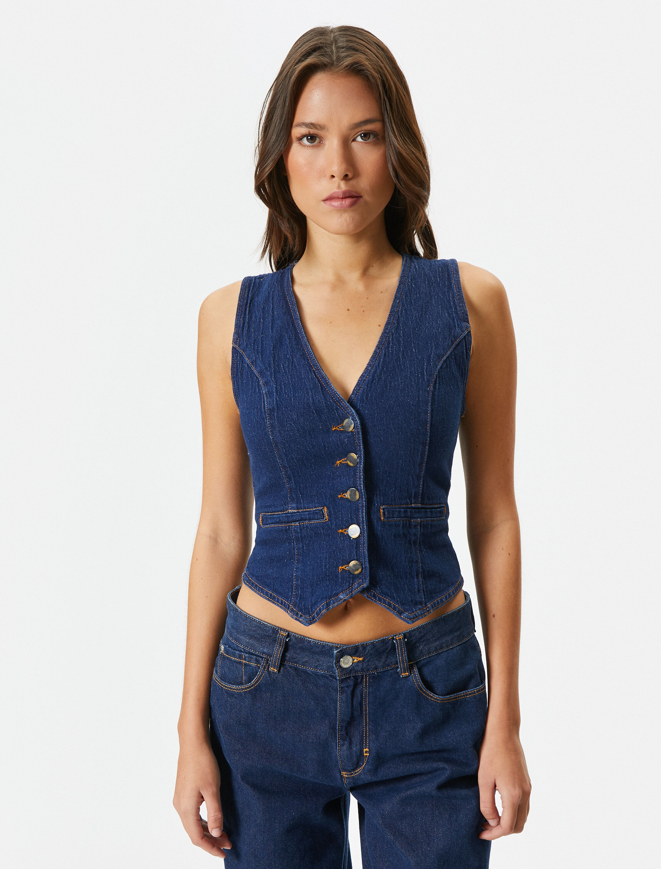   Crop Kot Yelek Düğmeli Cep Detaylı V Yaka Pamuklu