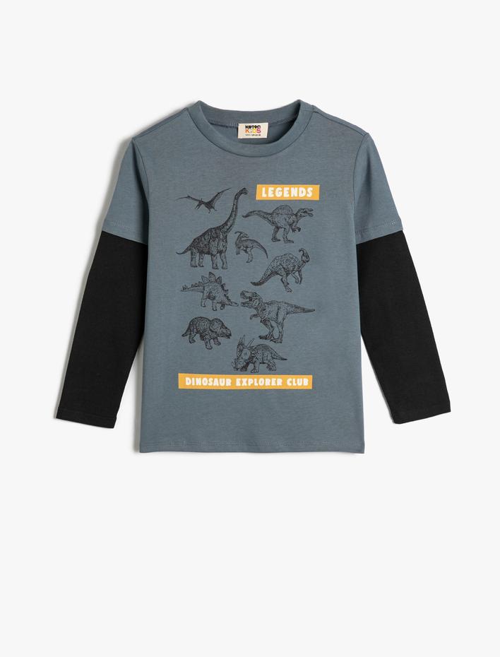 Erkek Çocuk Tişört Uzun Kollu Bisiklet Yaka Dinozor Temalı Pamuklu