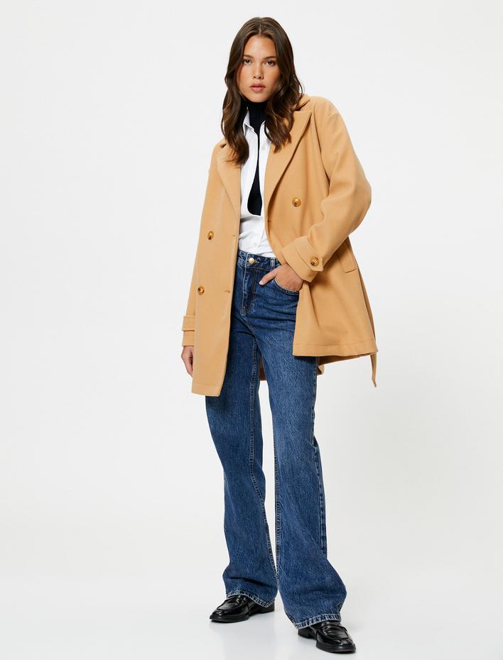  Kaşe Kaban Beli Kuşaklı Kruvaze Düğmeli Cep Detaylı