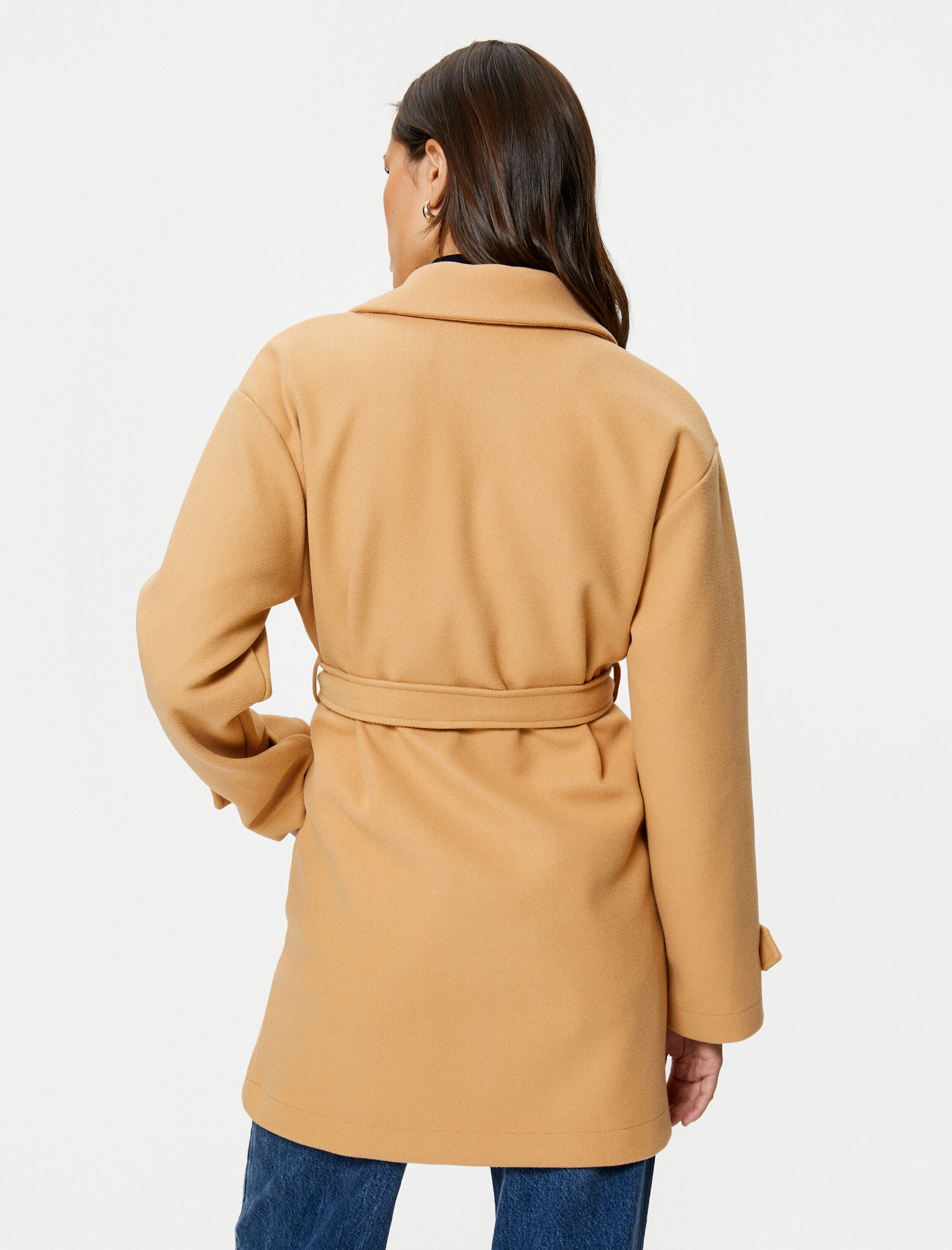   Kaşe Kaban Beli Kuşaklı Kruvaze Düğmeli Cep Detaylı