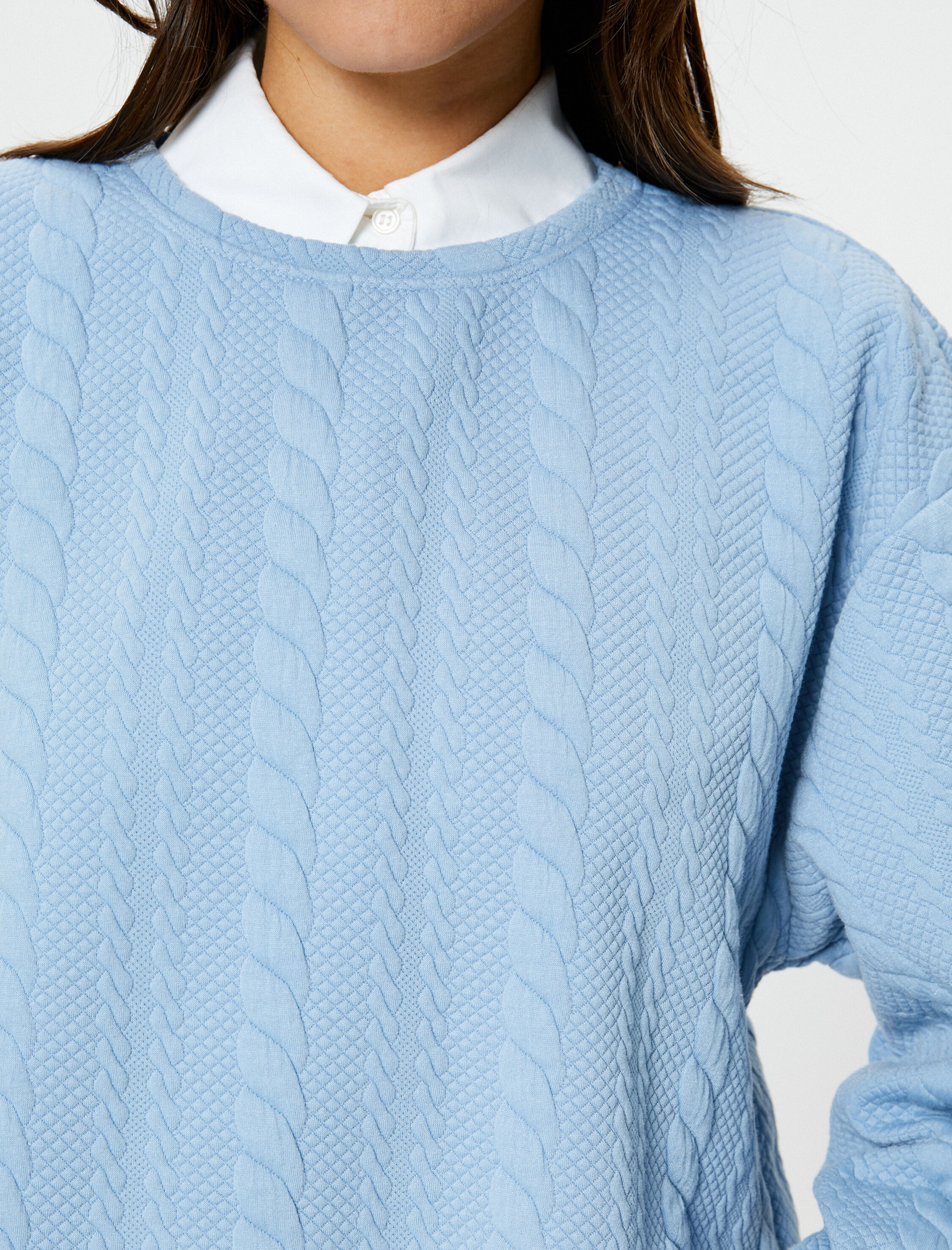   Örgü Desenli Sweatshirt Uzun Kollu Bisiklet Yaka Dokulu