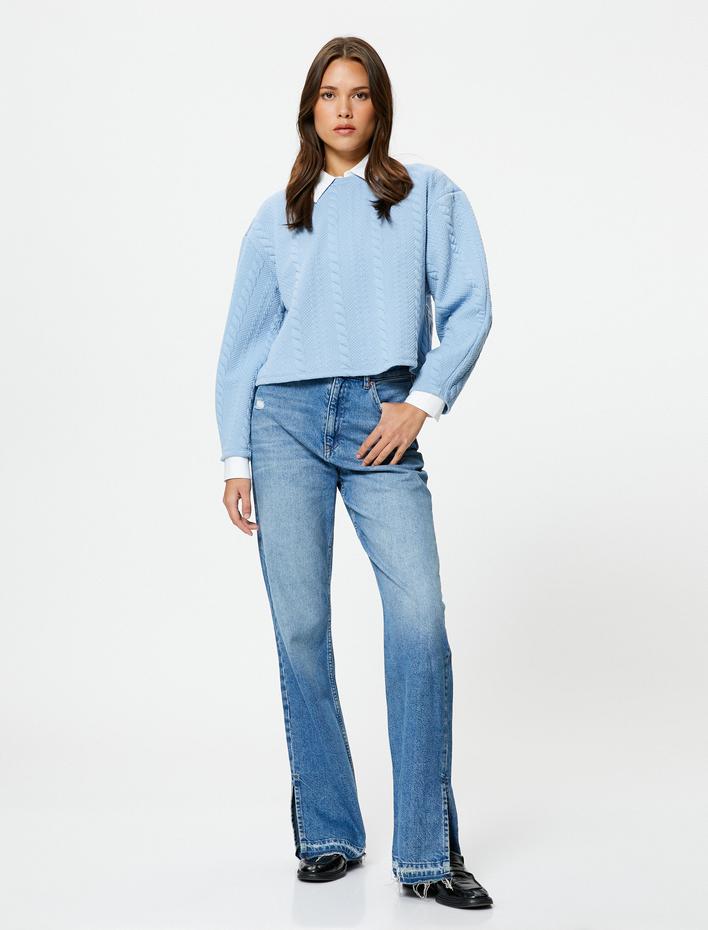  Örgü Desenli Sweatshirt Uzun Kollu Bisiklet Yaka Dokulu