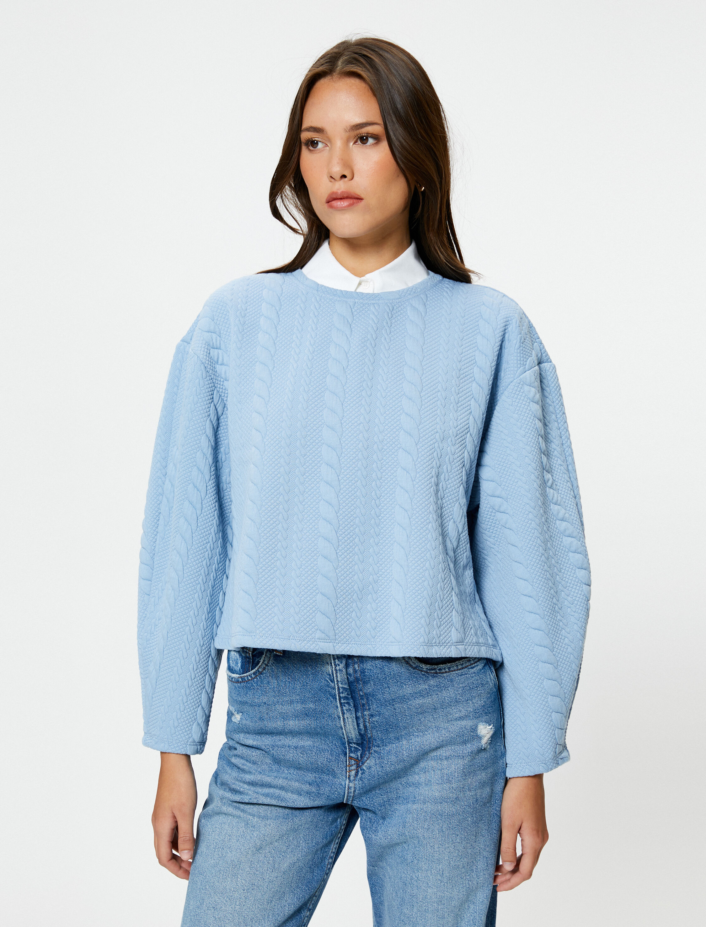   Örgü Desenli Sweatshirt Uzun Kollu Bisiklet Yaka Dokulu