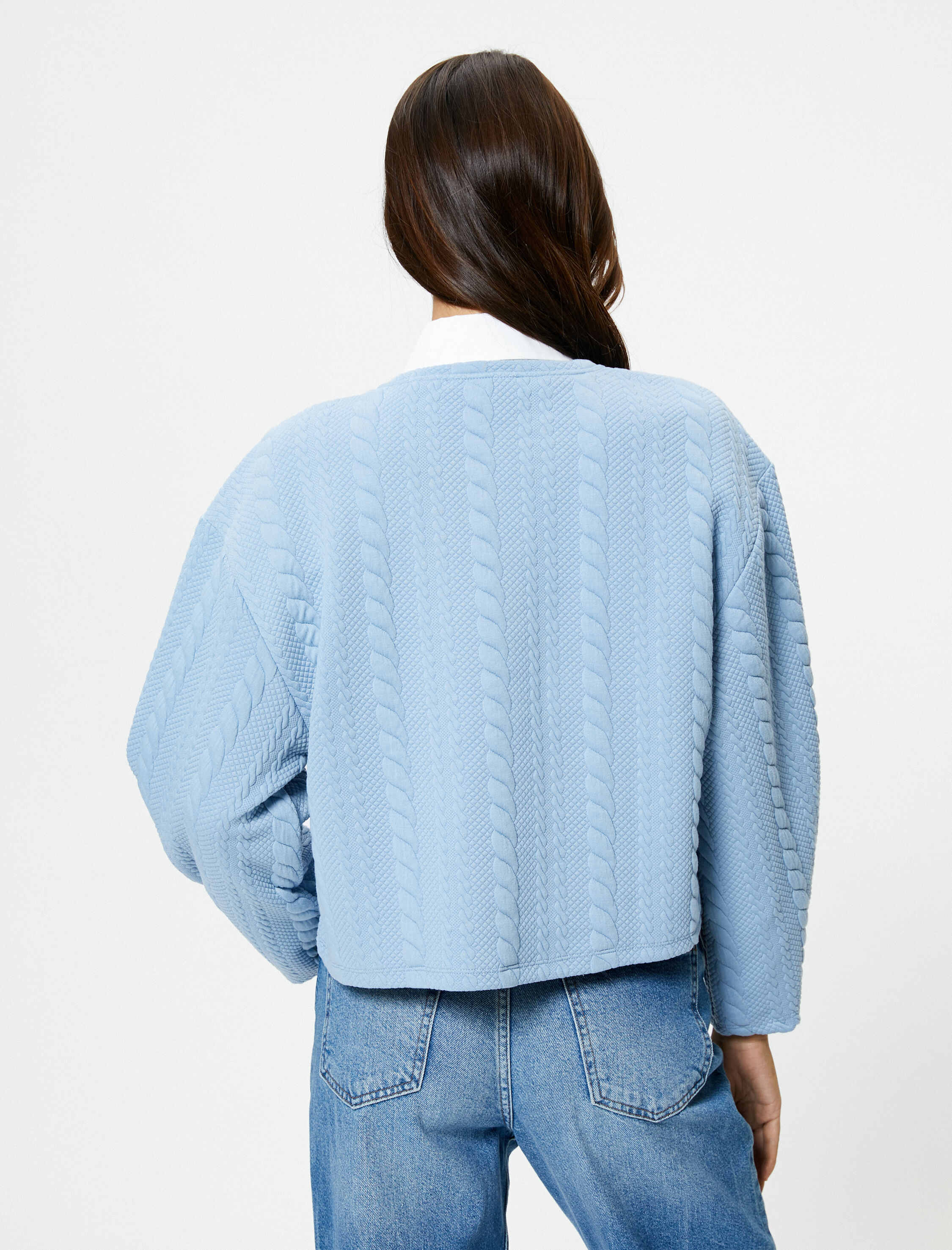   Örgü Desenli Sweatshirt Uzun Kollu Bisiklet Yaka Dokulu