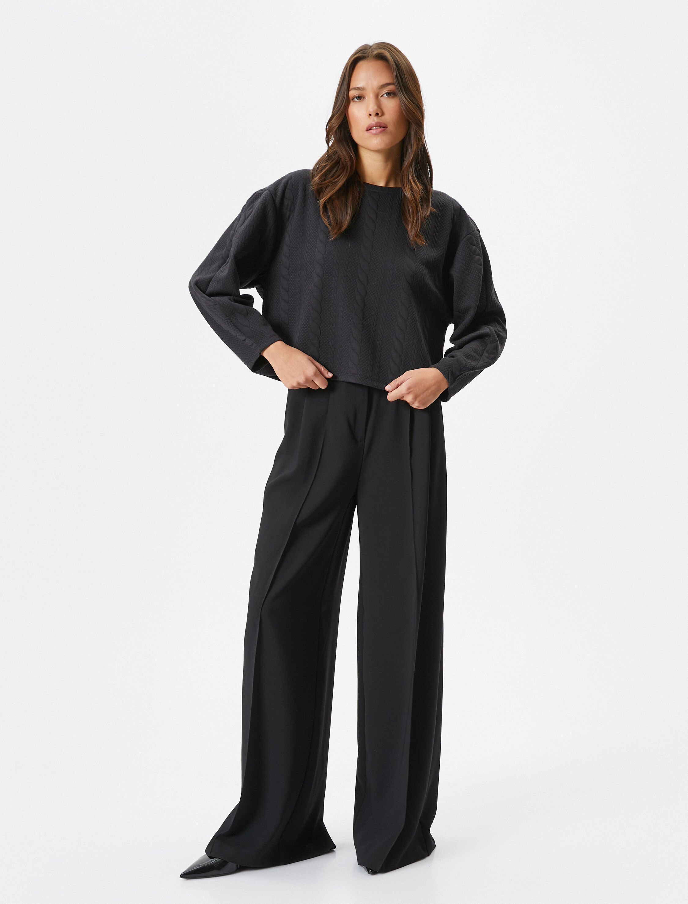   Örgü Desenli Sweatshirt Uzun Kollu Bisiklet Yaka Dokulu