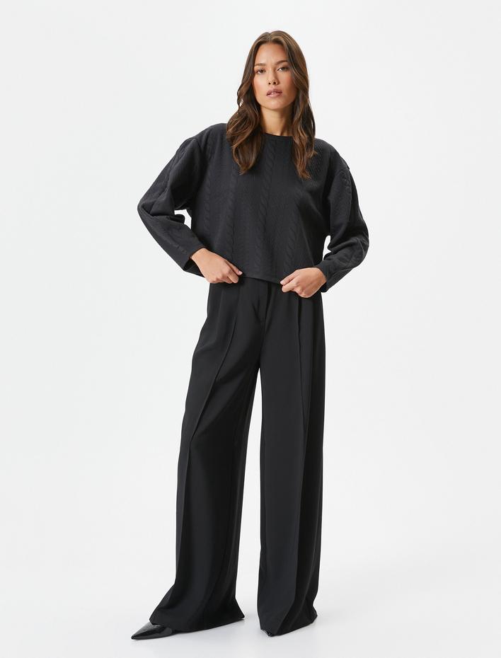  Örgü Desenli Sweatshirt Uzun Kollu Bisiklet Yaka Dokulu