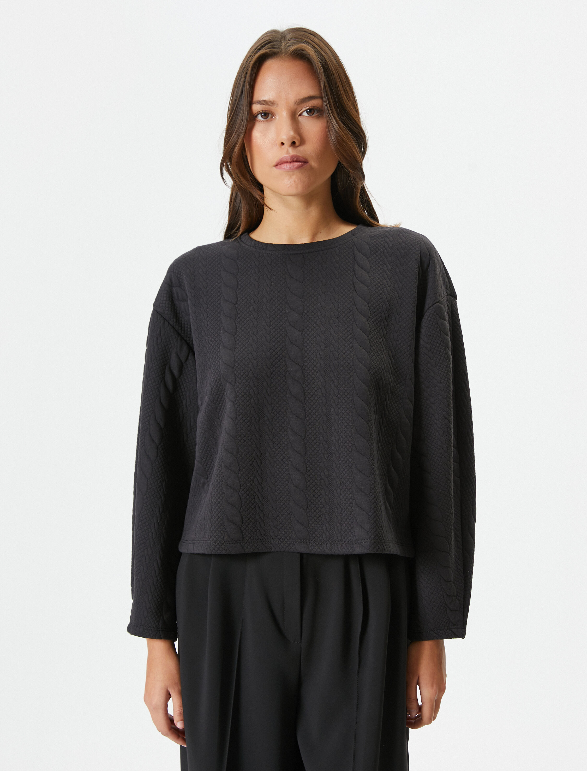   Örgü Desenli Sweatshirt Uzun Kollu Bisiklet Yaka Dokulu