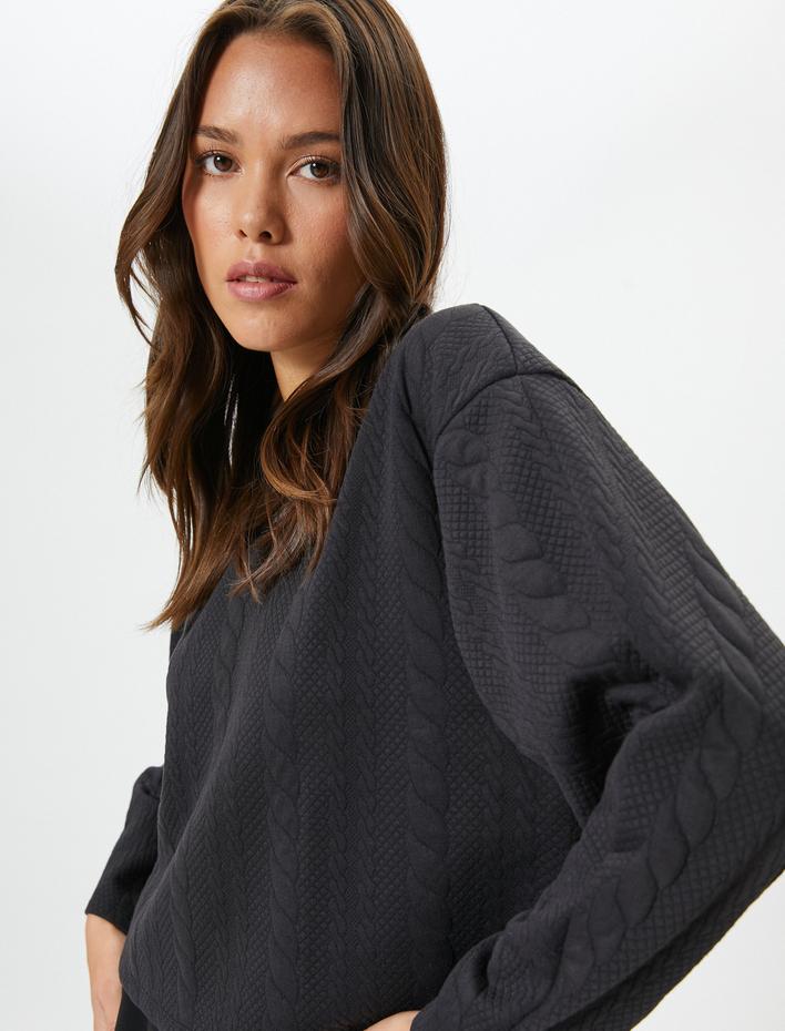  Örgü Desenli Sweatshirt Uzun Kollu Bisiklet Yaka Dokulu