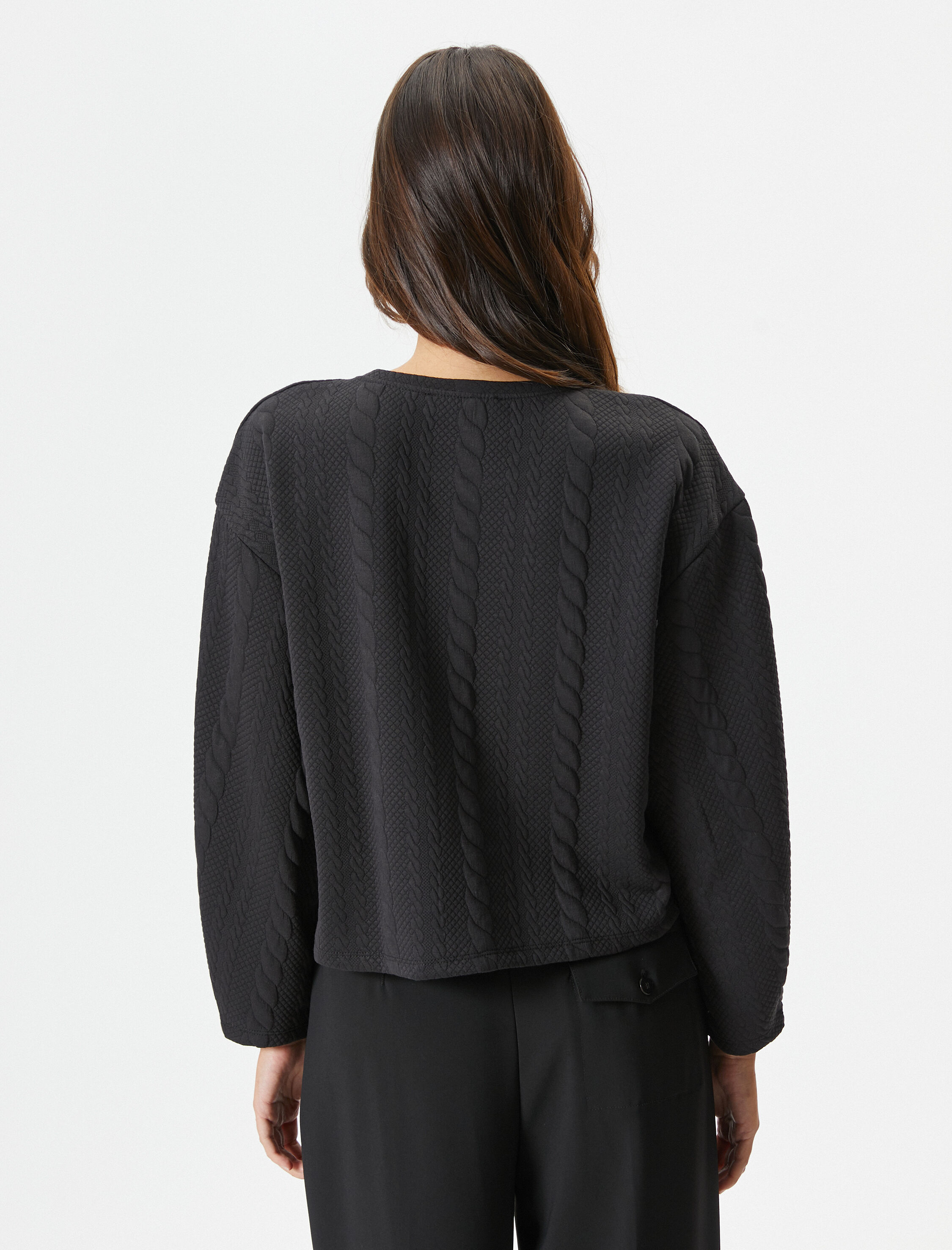   Örgü Desenli Sweatshirt Uzun Kollu Bisiklet Yaka Dokulu