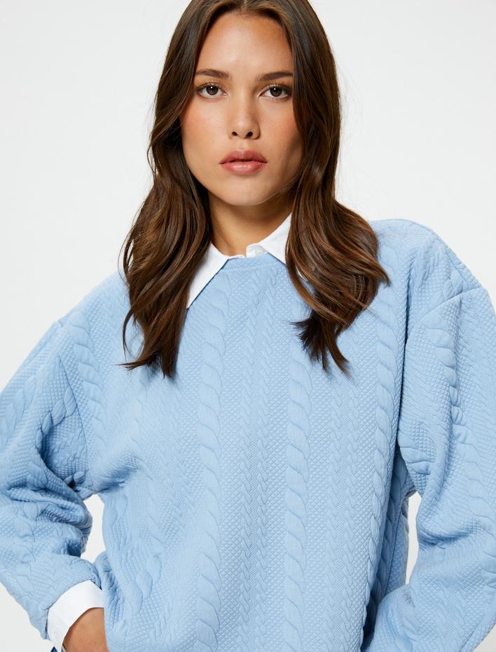  Örgü Desenli Sweatshirt Uzun Kollu Bisiklet Yaka Dokulu