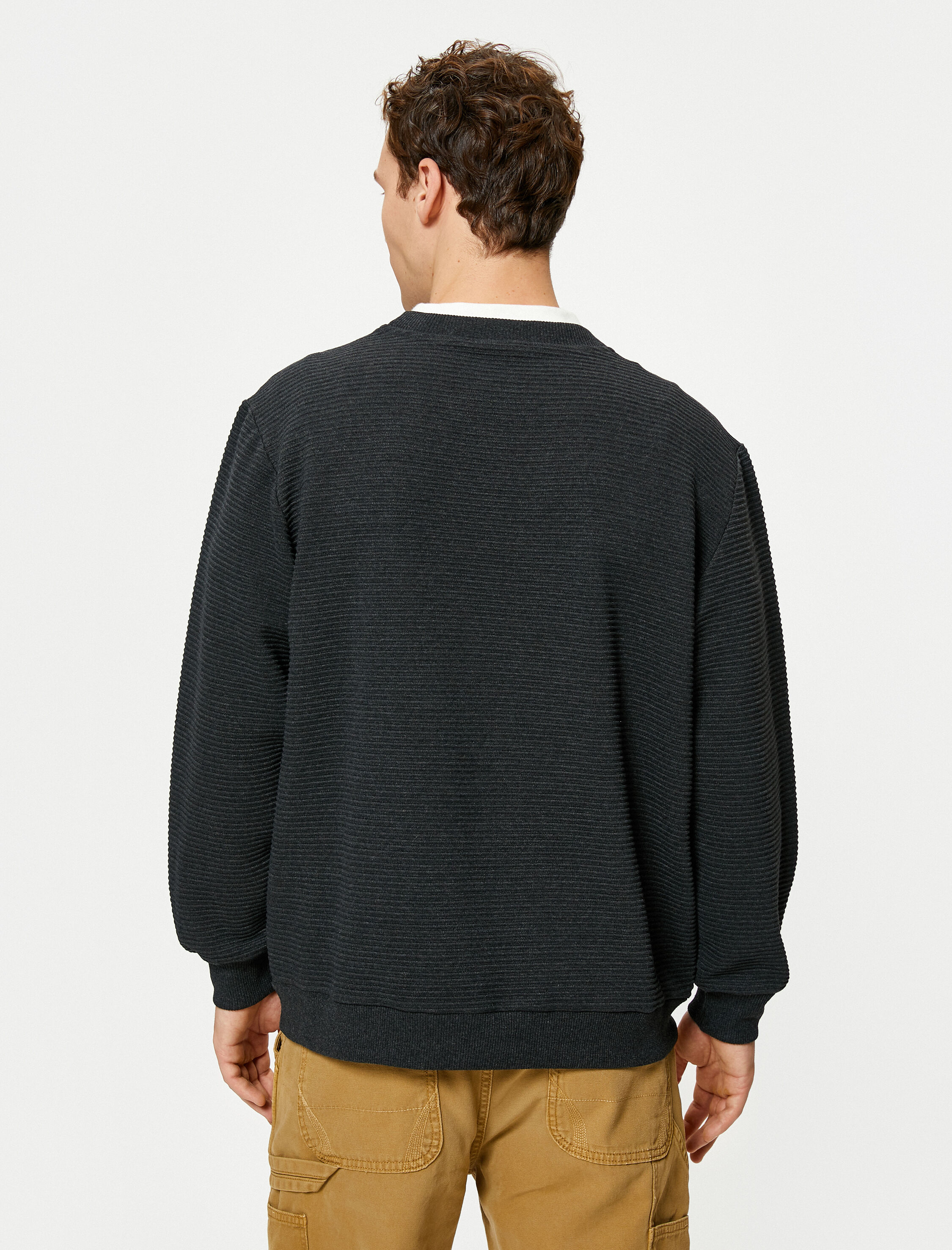   Basic Kazak Bisiklet Yaka Kumaş Detaylı Uzun Kollu