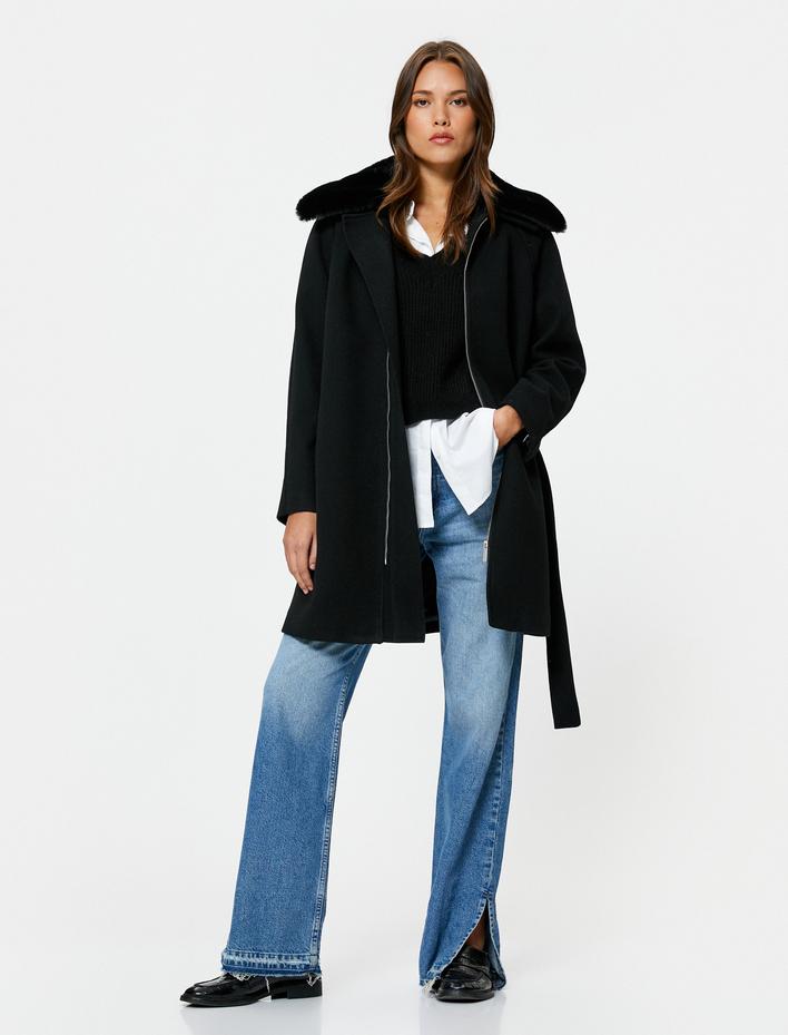  Kaşe Kaban Çıkarılabilir Suni Kürklü Kuşaklı Cepli Fermuarlı