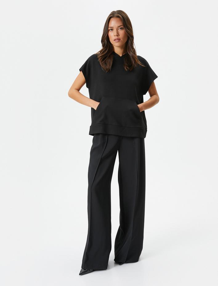  Kapşonlu Sweatshirt Kısa Kollu Kanguru Cepli Viskoz