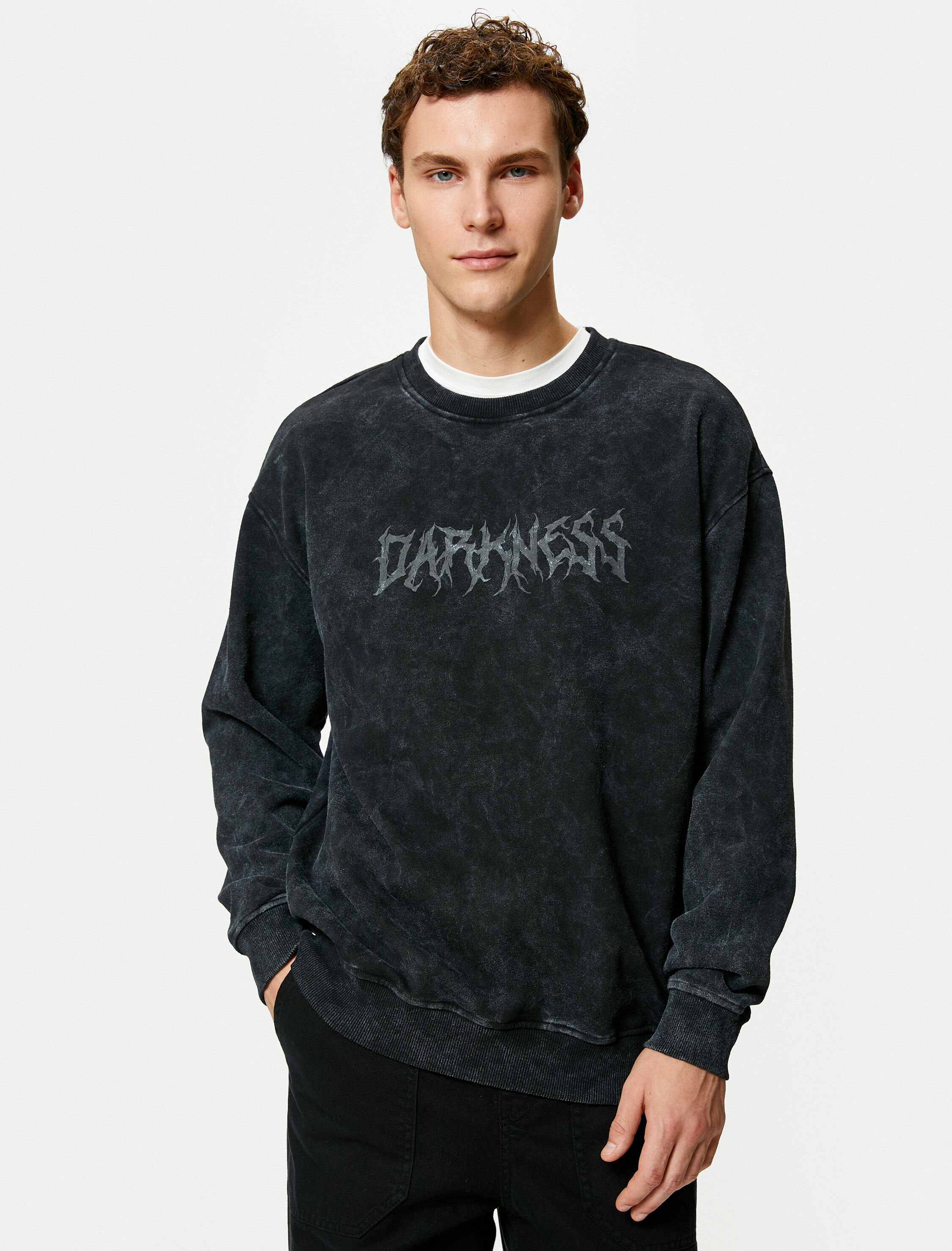   Yıkamalı Sweatshirt Bisiklet Yaka Rahat Kesim Slogan Baskılı Şardonlu