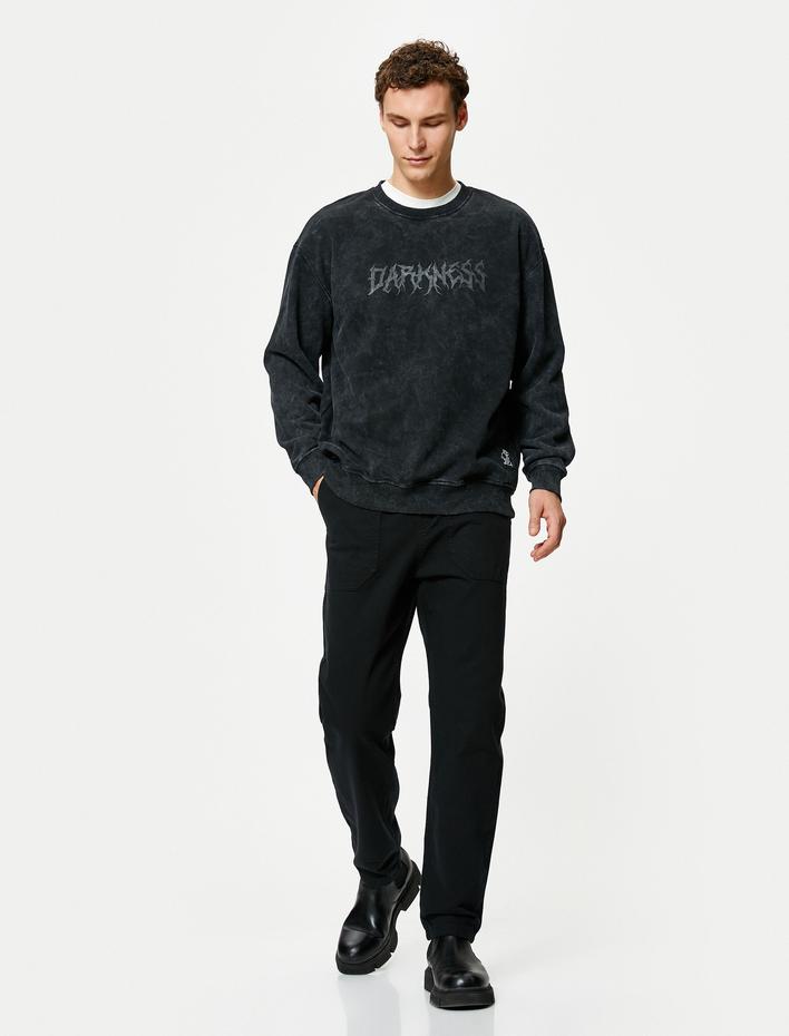  Yıkamalı Sweatshirt Bisiklet Yaka Rahat Kesim Slogan Baskılı Şardonlu