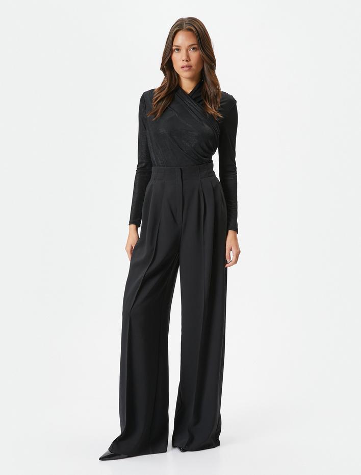  Parlak Kruvaze Tişört Dik Yaka Uzun Kollu