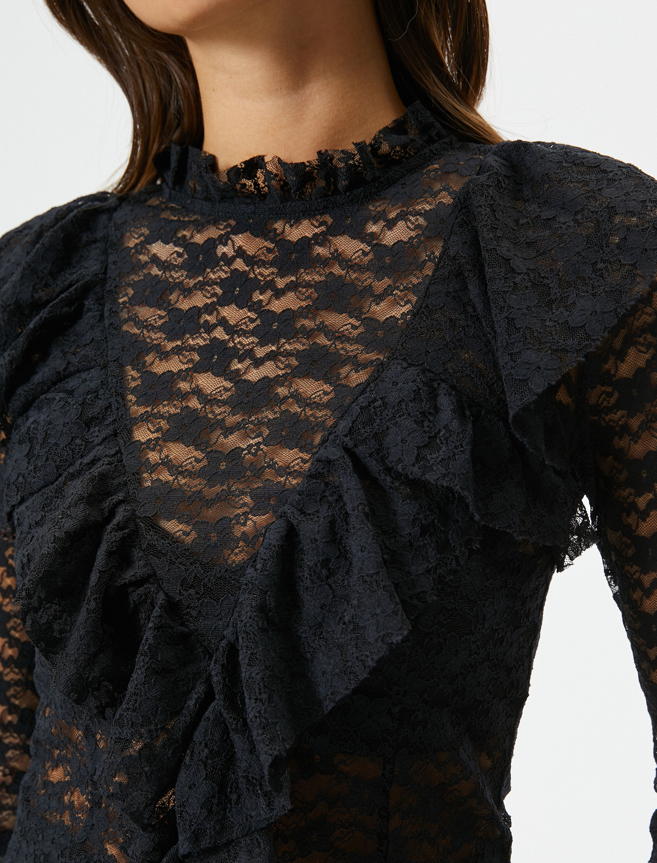   Dantel Bluz Fırfır Detaylı Uzun Kollu